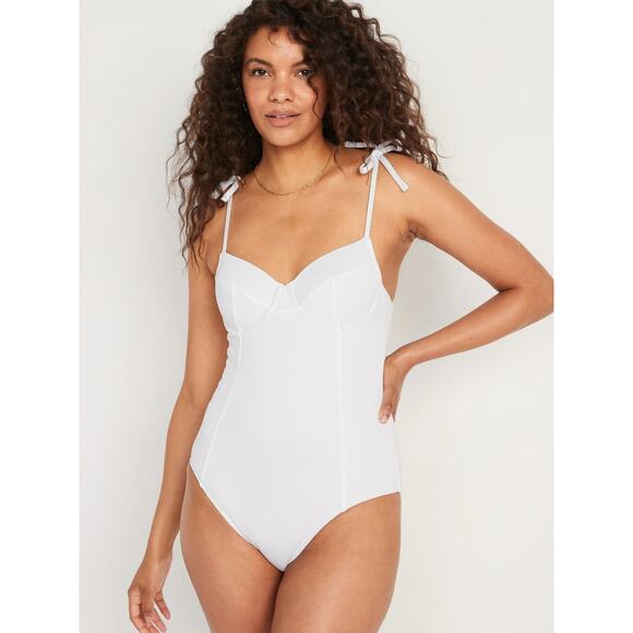 [Old Navy] White Tie Shoulder Piqué Underwire One Piece Swimsuit Size Large L - Picture 1 of 12
